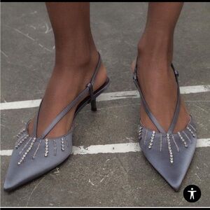 Zara Gray Satin Pointed Slingback Heels with Crystal Tassels
